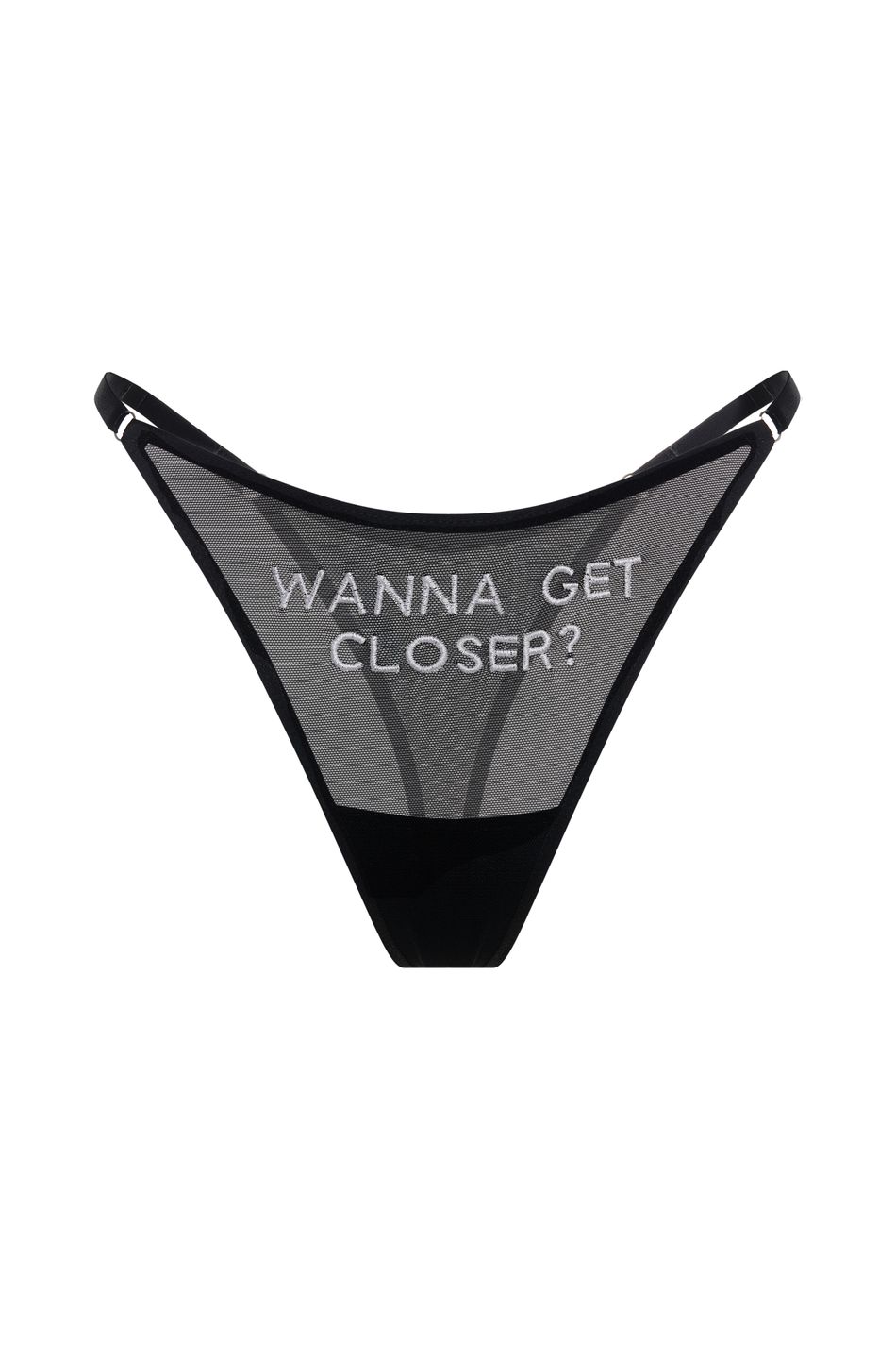 Мини-стринги с вышивкой wanna get closer?; цвет: Черный