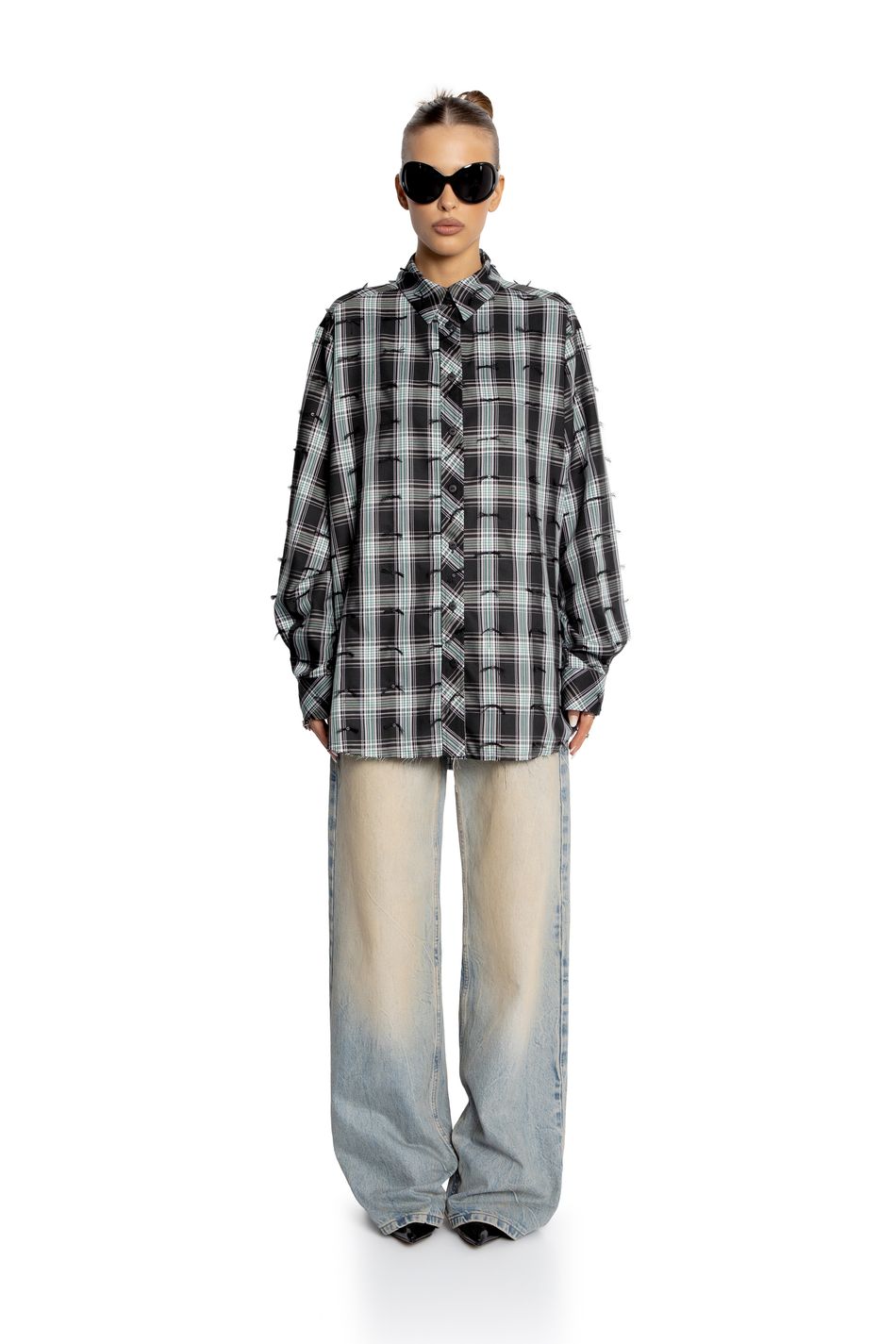 Oversize рубашка в клетку с необработанным краем; цвет: Зеленый