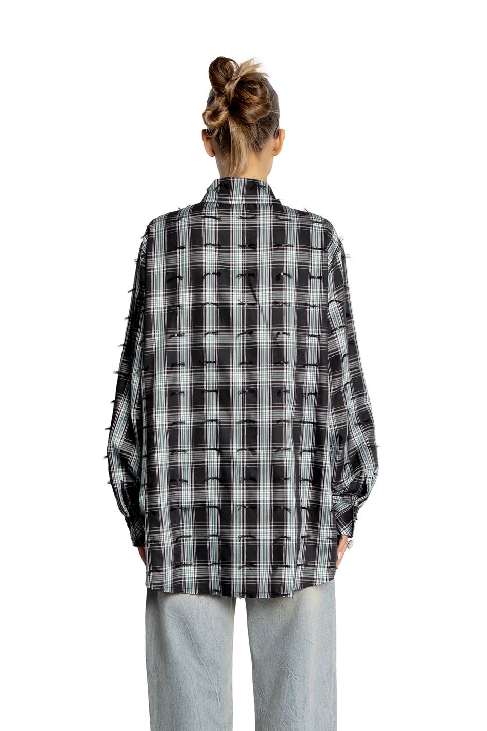 Oversize рубашка в клетку с необработанным краем; цвет: Зеленый