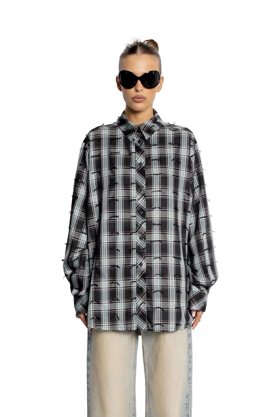 Oversize рубашка в клетку с необработанным краем; цвет: Зеленый