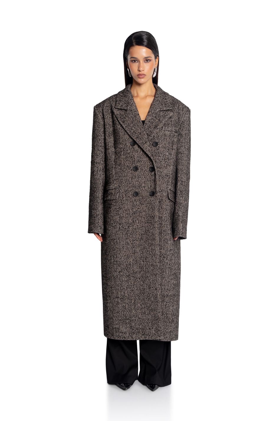 Пальто двубортное с принтом ёлочка; цвет: Шоколад