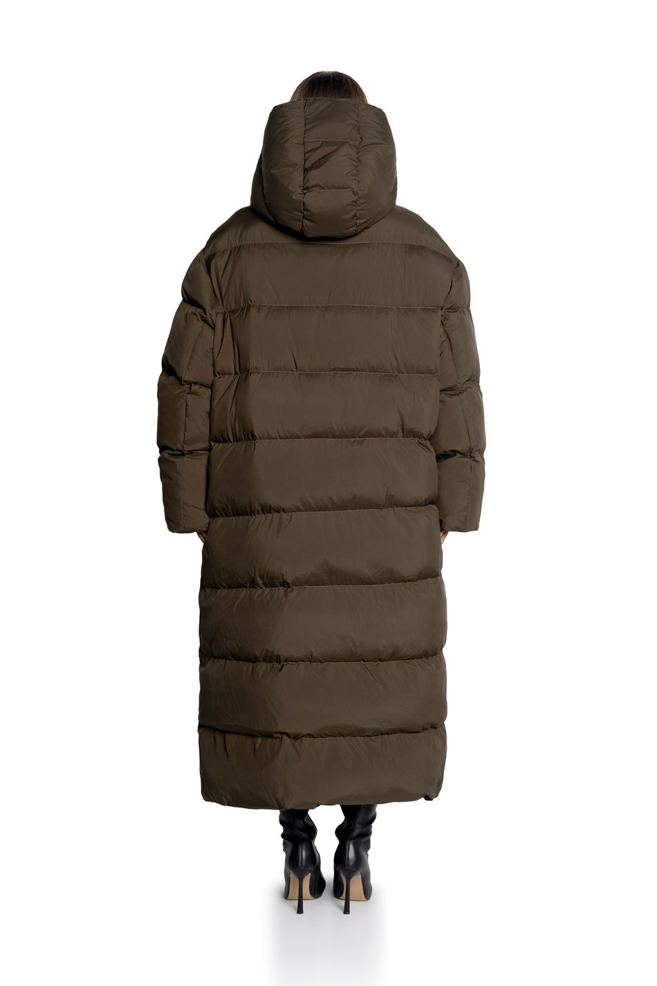 Oversize пуховик с капюшоном длины макси; цвет: Хаки