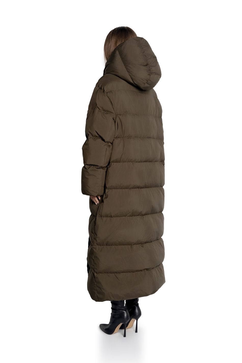 Oversize пуховик с капюшоном длины макси; цвет: Хаки